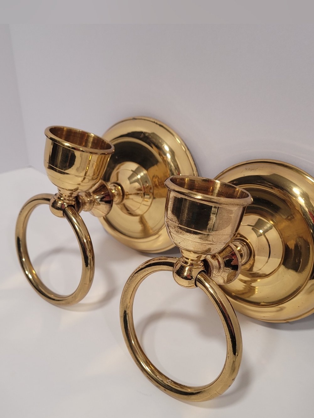 Vintage Solid Brass Ring Wall Sconce Candle Holders Pair